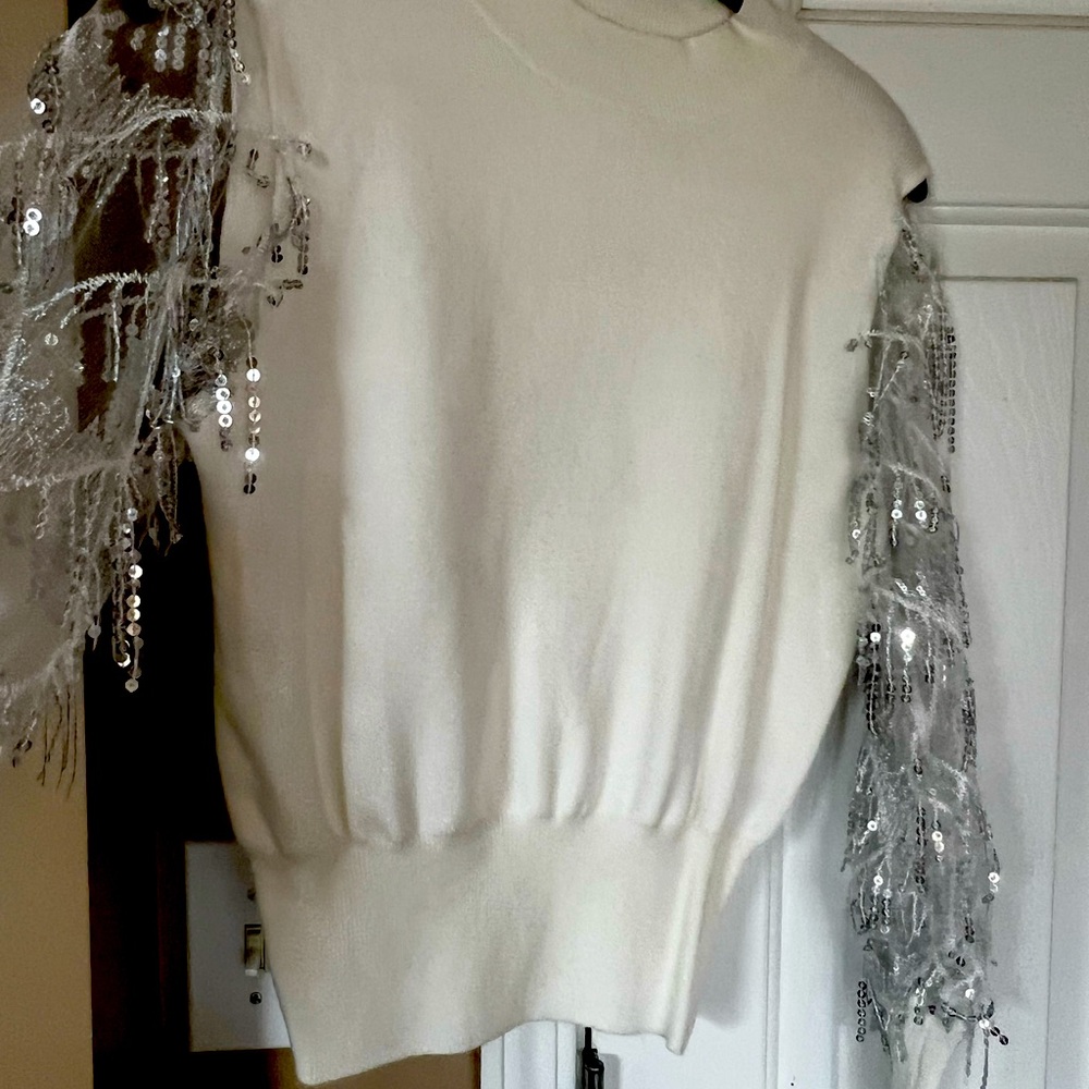 HYFVE White Sweater with Silver Sequin Fringe